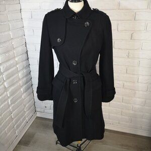Banana Republic Ladies Size Medium Lined Black Wool Blend  Belted Pea Coat